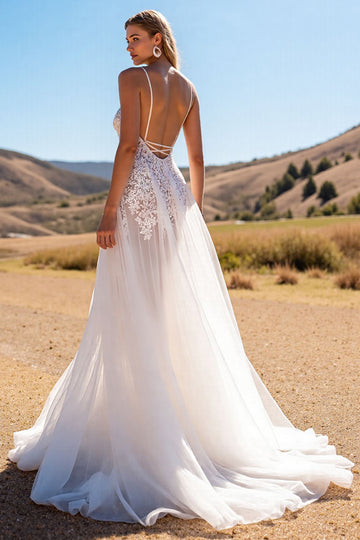 Ivory Appliqued A Line Wedding Dress with Slit